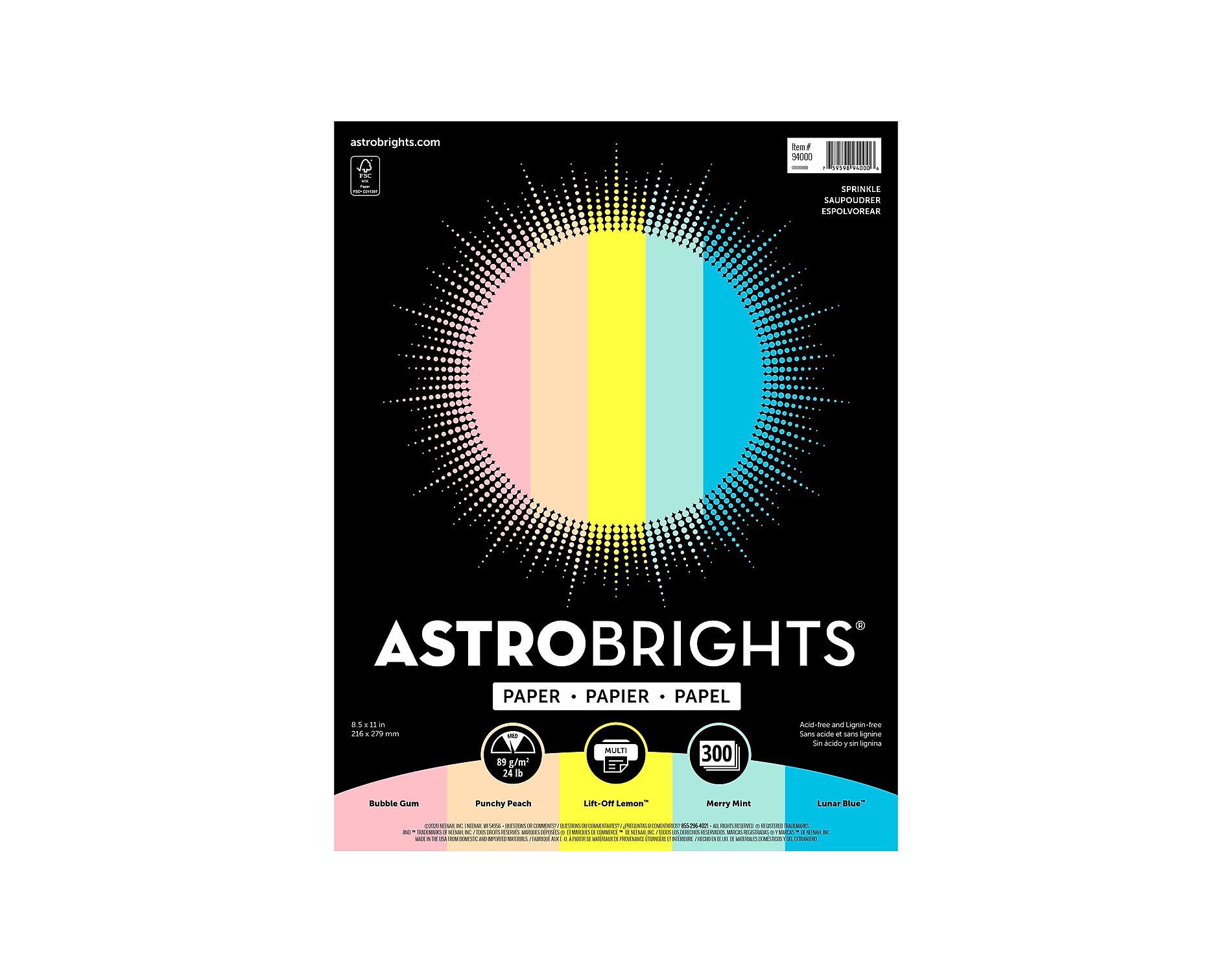 Astrobrights Sprinkle Colored Paper 24 lbs. 8.5" x 11" Assorted Colors 300 Sheets/Pack (94000)
