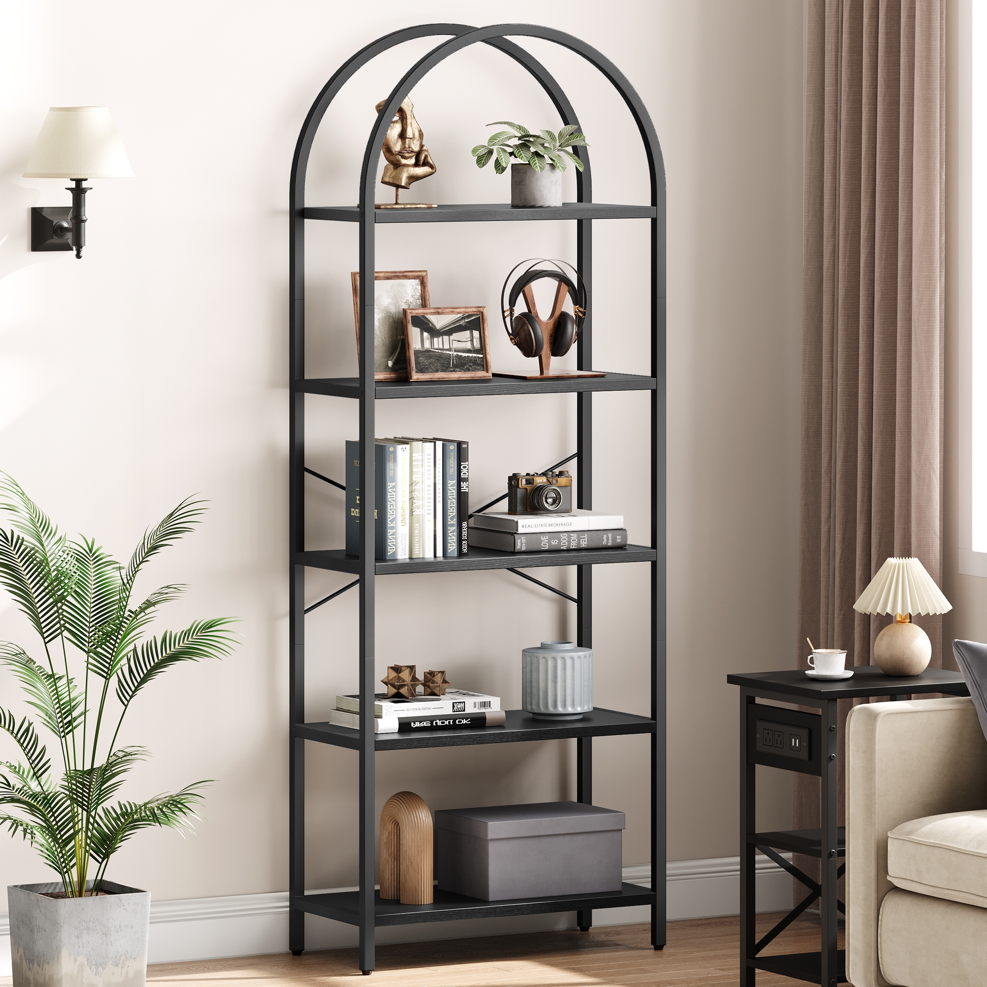 Bookshelf 5 Tier Bookcase Arched Display Racks Tall Standing Bookshelves Metal Frame Modern Storage Rack Shelf Large Wood Book Shelf