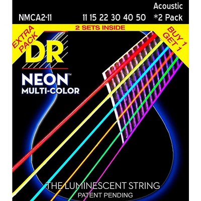 DR Strings Hi-Def NEON Multi-Color Medium Light Acoustic Guitar Strings (11-50) 2 Pack