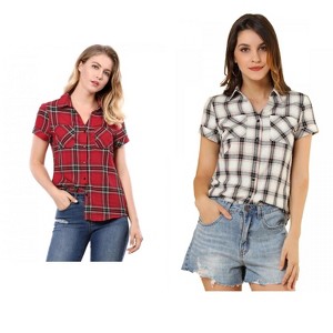 Allegra K Women's Classic Short Sleeve Button Down Plaid Shirt 2 Pcs - 1 of 4