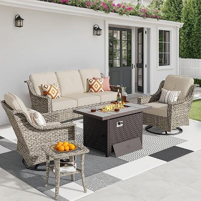 XIZZI 5 PCS Furniture Set with Fire Pit Table, All Weather Rattan Furniture Sofa Set with Swivel Rocking Chairs and 3 Seater Sofa