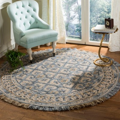 Blossom Light Beige and Blue Hand-Tufted Wool Round Rug