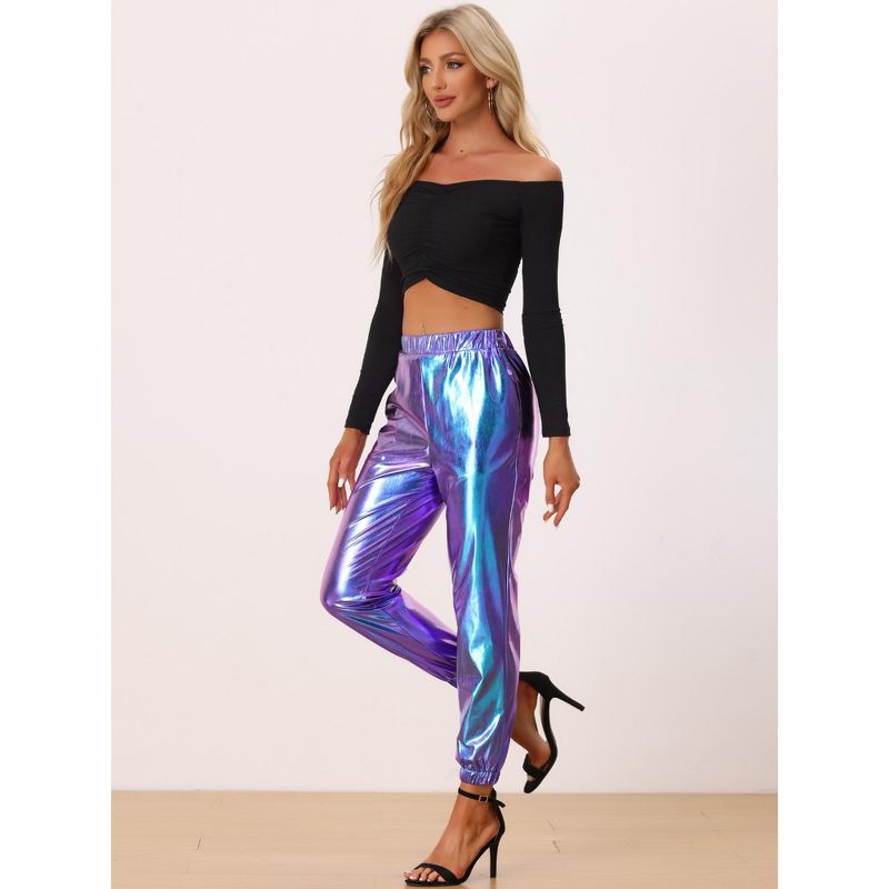 Allegra K Women's Metallic Shiny Sparkle Elastic Waist Pants, 2 of 6