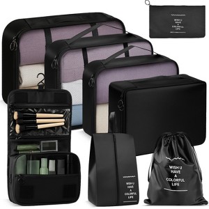 Fosmon 8pc Packing Cubes Set, Packing Cubes for Travel, Hanging Toiletries Travel Bags Makeup, Luggage Suitcase Organizer Bags Travel Cube Set, Black - 1 of 4