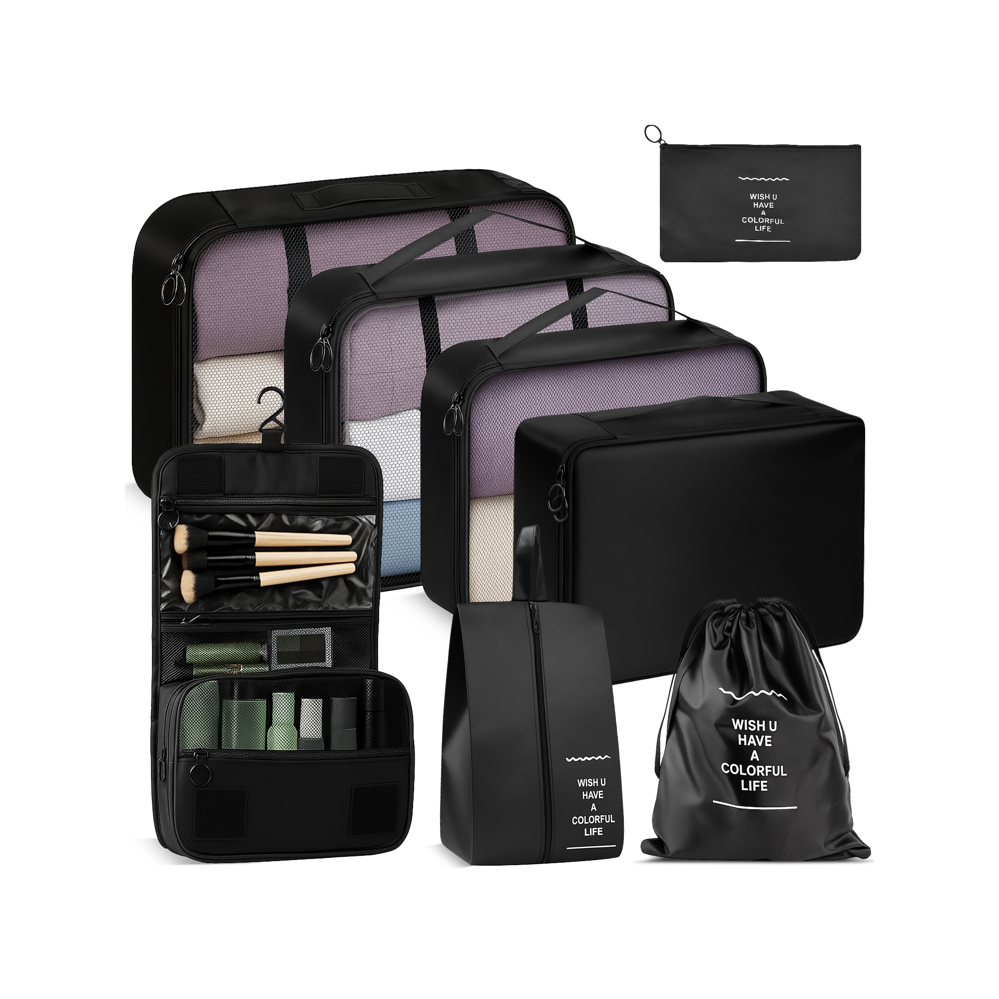 Fosmon 8pc Packing Cubes For Travel Compression, Hanging Toiletries Travel Bags Makeup, Suitcase Luggage Organizer Bags, Travel Cubes Set, Black