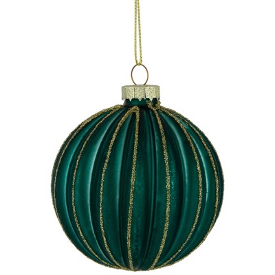 Northlight Glitter Ribbed Lined Glass Christmas Ball Ornaments - 3" (80mm) - Green and Gold - 4ct