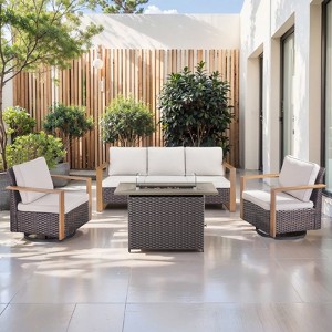 4 Pieces Patio Furniture Set with 41" Propane Fire Pit Table, Deep Seating Wicker Sofa Couch with Swivel Glider Chairs Set Patio Conversation Set - 1 of 4