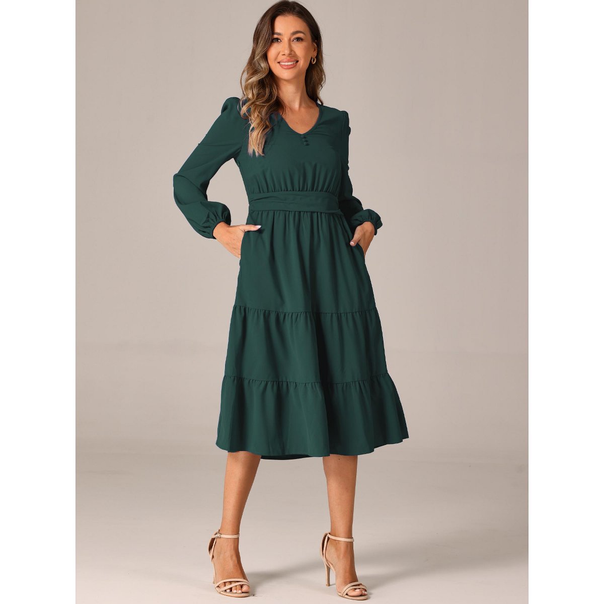 Женские платья INSPIRE CHIC Women's V Neck Lantern Sleeve Ruffle Flowy A-Line Elegant Midi Dress Dark Green X-Large — фото 4