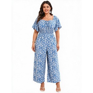 Women's Plus Size Square Neck Jumpsuit Floral Ruched : Target