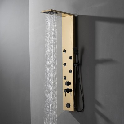 Gold Brushed 4-Jet Rainfall Shower Panel System with Handheld Wand