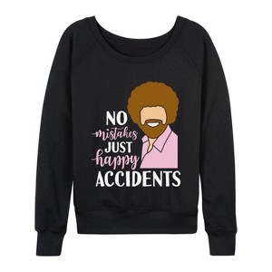 Women's Instant Message No Mistakes Just Happy Accidents- Women's French Terry Long Sleeve Pullover Lightweight French Terry Wide Neck Long Sleeve - 1 of 4