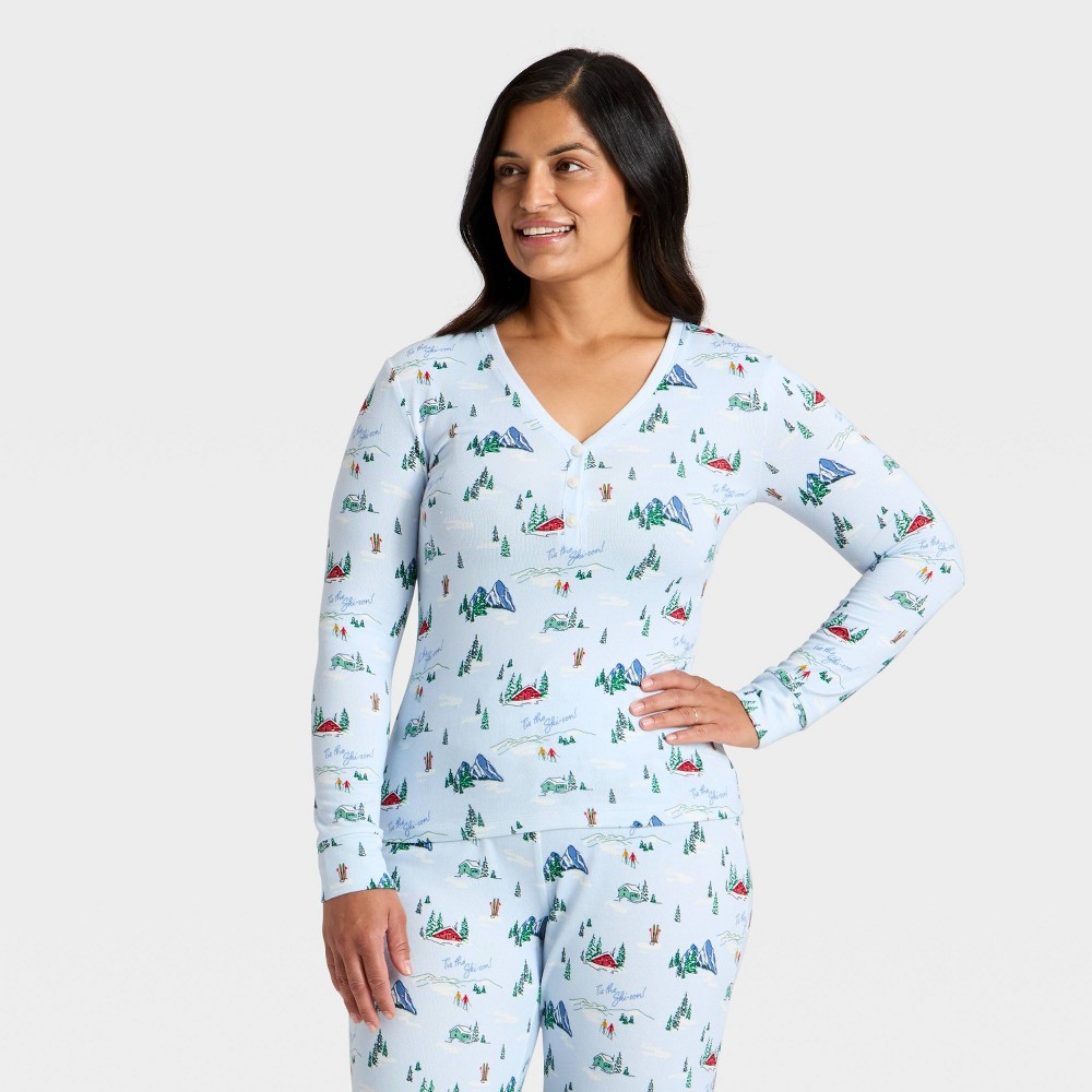 Women's "Tis the Ski-son!" Cozy Knit Long Sleeve Henley Holiday Matching Family Pajama Shirt - Wondershop™ Blue S