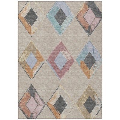 Beige Mauve And Charcoal Geometric Washable Indoor Outdoor Area Rug