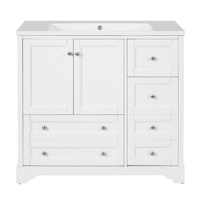 Vynxaria 36 in. 1 Freestanding White Bath Vanity with White Resin Top Bathroom Vanities with 4 Storage Drawers and Shelf, Soft Closing Doors