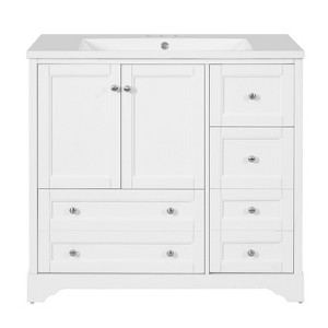 Vynxaria 36 in. 1 Freestanding White Bath Vanity with White Resin Top Bathroom Vanities with 4 Storage Drawers and Shelf, Soft Closing Doors - 1 of 4