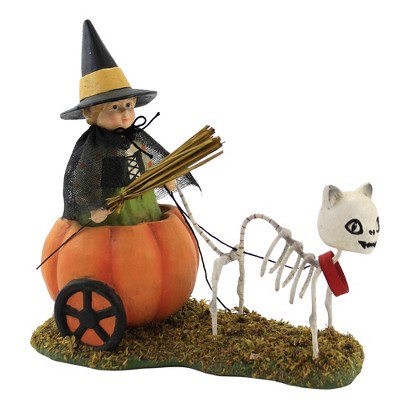 Halloween 8.0" Skelly's Pumpkin Carriage Ride Sleleton Cat Witch  -  Decorative Figurines