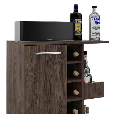 TUHOME Bar Storage Display Cabinet Cart with Wheels for Wine and Liquor with Door, 2 Enclosed Shelves, 6 Cubbies, and 2 Side Display Racks, Amaretto