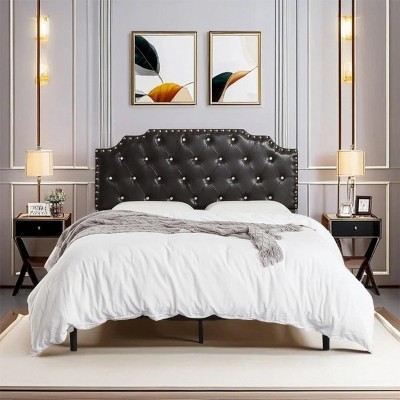 coucheta King Size Bed Frame,Upholstered with Diamond Buckle & Copper Rivet,Faux Leather Platform Bed,No Box Spring Needed,Under Bed Storage,Black