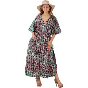 HAPPY BAY Women's Summer Batik Caftan Long Loungewear Dashiki House Dress with Pockets Sleepwear for Women Nightgown 1X-2X Green, Floral - 1 of 4