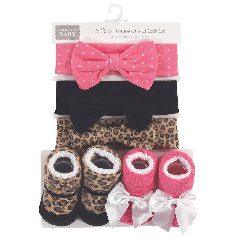 Hudson Baby Infant Girl Headband and Socks Set 5pk, Leopard, 0-9 Months, 3 of 4