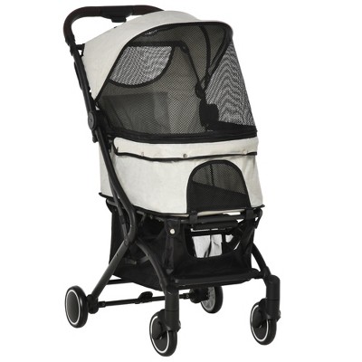 PawHut Travel Pet Stroller for Dogs, Cats, One-Click Fold Jogger Pushchair with EVA Wheels, Brakes, Basket Storage, Safety Belts, Adjustable Canopy, Zippered Mesh Window Door