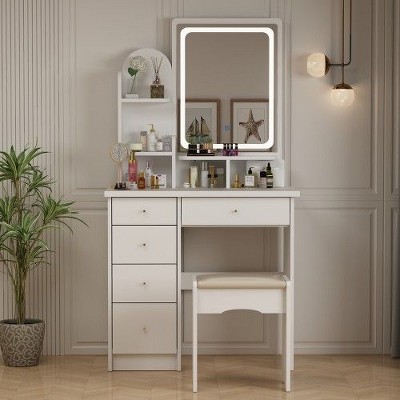 FUFU&GAGA Makeup Vanity Set with Mirror and Stool Drawer and Shelf