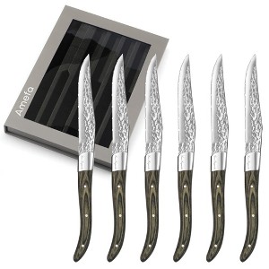 Amefa Lou Laguiole Vulcano Steak Knife, Set of 6 - Hammered Stainless Steel Blades with Micro-Serrated Edge, Triple-Rivet Pakka Wood Handles - 1 of 4