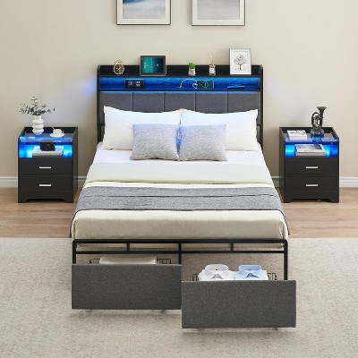 Bed Frame with Storage Headboard Led Lights Charging Station, Upholstered Queen Platform Bed Frames with 2 Drawers, No Box Spring Needed