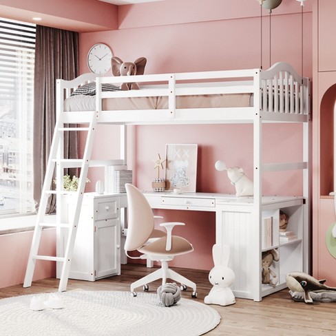 Twin Size Wooden Loft Bed With Drawers Cabinet Shelves And Desk