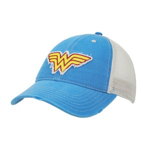 Wonder Woman Logo Women’s Blue Washed Distressed Cut Fabric Unstructured Baseball Cap - 1 of 4