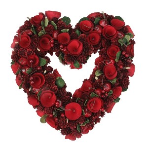 Northlight Red Wooden Rose and Cherries Valentine's Day Heart Wreath, 13-Inch, Unlit - 1 of 3