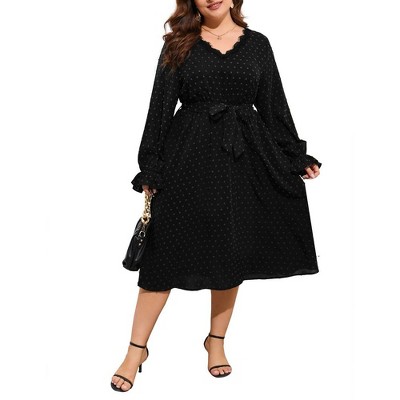 Plus Size Womens V Neck Long Sleeve Swiss Dot Boho Dress Empire Waist Ruffle Flowy A Line Midi Dress, Black, 5XL