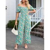 Women's Summer Smocked Jumpsuits Casual Square Neck Short Sleeve High Waist Wide Leg Rompers with Pockets - 4 of 4