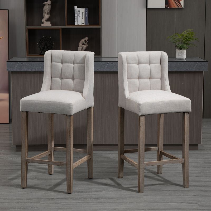 HOMCOM Modern Bar Stools, Tufted Upholstered Barstools, Pub Chairs with Back, Rubber Wood Legs for Kitchen, Dinning Room, Set of 2, 5 of 7