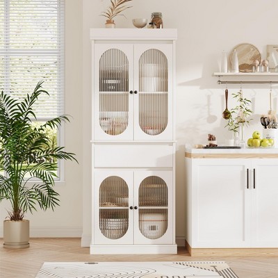 70" White Tall Storage Cabinet - Modern Pantry Storage Solution with Oval Glass Doors