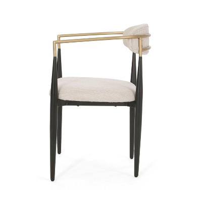 Beige Upholstered Iron Dining Arm Chairs with Slat Back, Set of 2