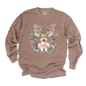 Simply Sage Market Women's Coquette Deer Wreath Long Sleeve Garment Dyed Tee - 1 of 4