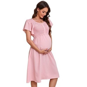 Coolmee Women Maternity Smocked Button Dress Summer Ruffle Short Sleeve Square Neck Casual Flowy Midi Dress Photoshoot Baby Shower Pink S - 1 of 4