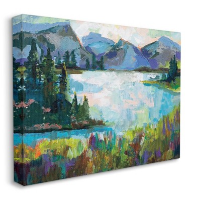 Stupell Industries Abstract Mountains and Lake Pine Landscape Painting  Stretched Canvas Wall Art by Jeanette Vertentes