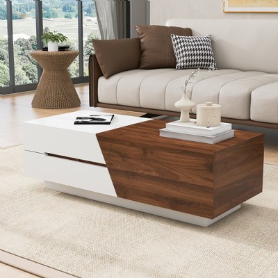 Modern Extendable Sliding Top Coffee Table With Storage, White+walnut ...