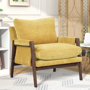 Velvet Upholstered Mid-Century Modern Accent Armchair with Soft Cushioned Seat, Padded Armrests and Solid Rubberwood Frame - 1 of 4