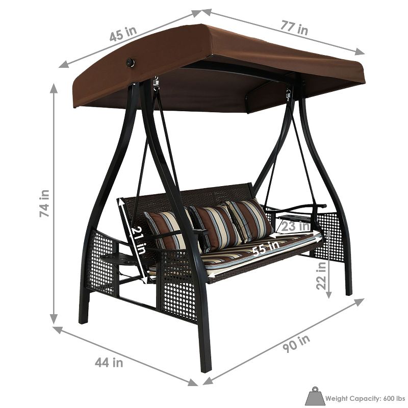 Sunnydaze Outdoor Deluxe 3-Person Patio Swing with Tilting Canopy Shade, Cushions and Side Tables, 3 of 12