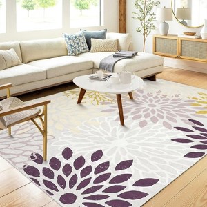 Modern Floral Area Rug - Non-Shedding Soft Fluffy Pile Throw Rug, Machine Washable Ultra-Thin Floor Cover for Living Room Nursery Beige Yellow - 1 of 4