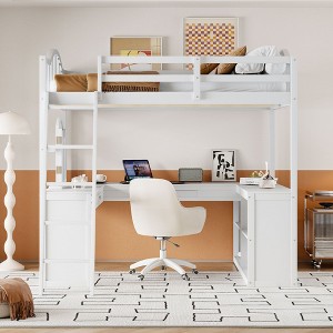 NicBex Full Loft Bed with Desk Wooden Bed Frame with Trifold Mirror, Storage Shelves, Inclined Ladder and Guardrail, No Box Spring Required - 1 of 4