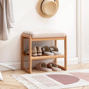 23.6" Beech Wood Shoe Bench with Cushion and 2-Tier Storage Shelf for Entryway or Bedroom - 3irtyhousy - 1 of 4