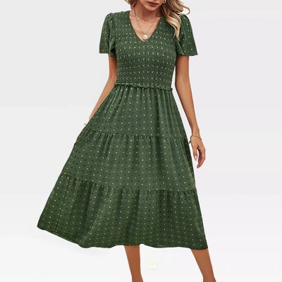 Womens Maxi Shirred Dress with Tiny Floral Embroidery V Neck Empire Waist Vintage Dress Flutter Short Sleeve Tiered Dress Elegant