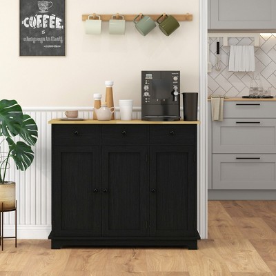 NicBex Modern Storage Buffet Cabinet Kitchen Coffee Bar Cabinet with Solid Wood Countertop, 3 Drawers, Doors and Adjustable Shelf