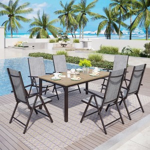 Captiva Designs 7pc Patio Wood-look Metal Table with Umbrella Hole & Textilene Reclining Foldable Chairs - 1 of 4