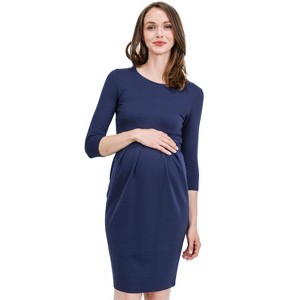 Hello Miz Women's 3/4 Sleeve Round Neck Front Pleat Maternity Dress - 1 of 4
