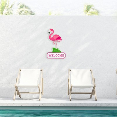 Pink Flamingo Tropical Metal Welcome Wall Sign - 25"